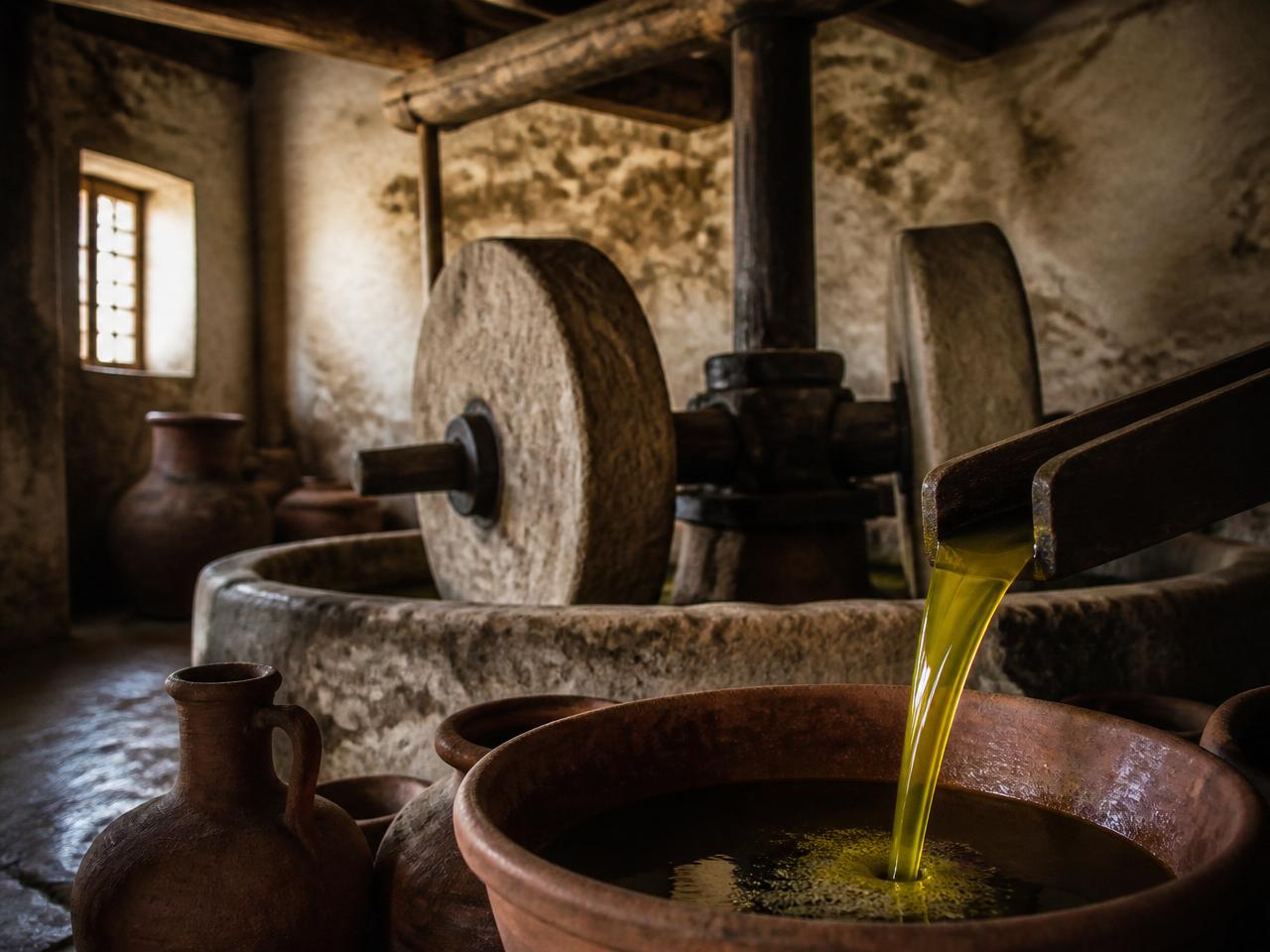 Traditional stone olive oil mill in Meknes with golden oil pouring into a terracotta vessel
