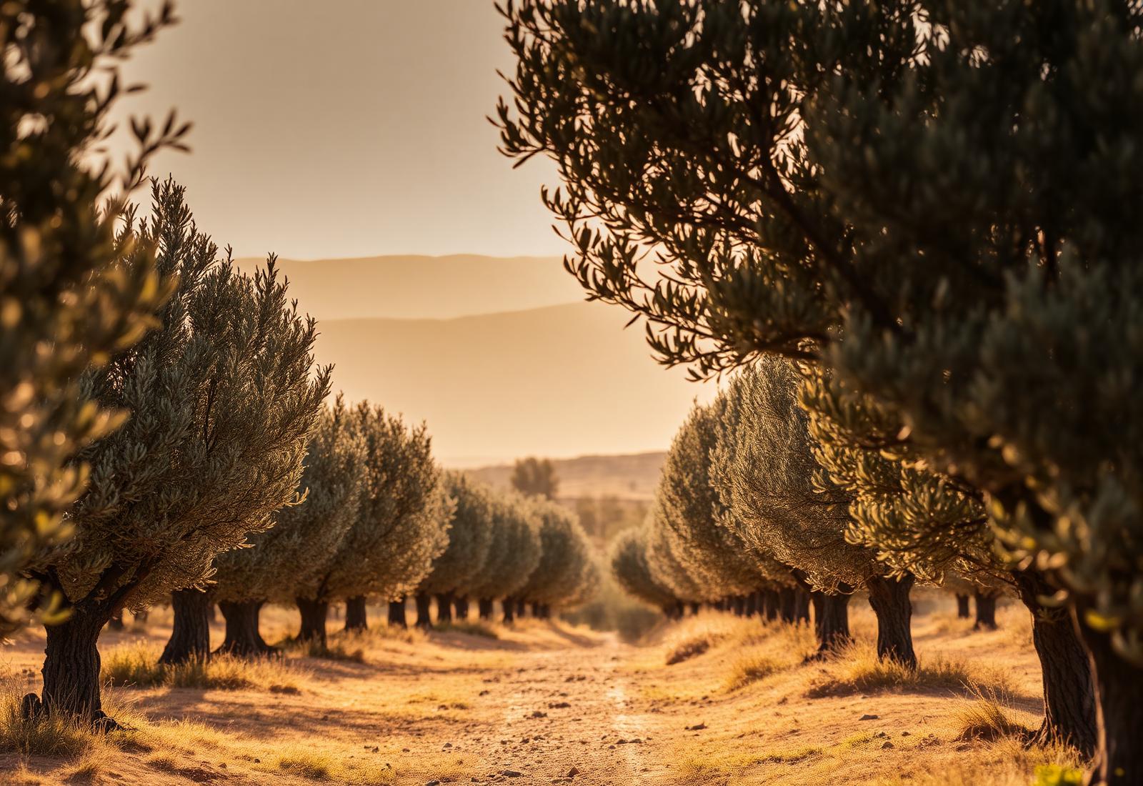 Rows of olive trees in the foothills of Meknes at sunset