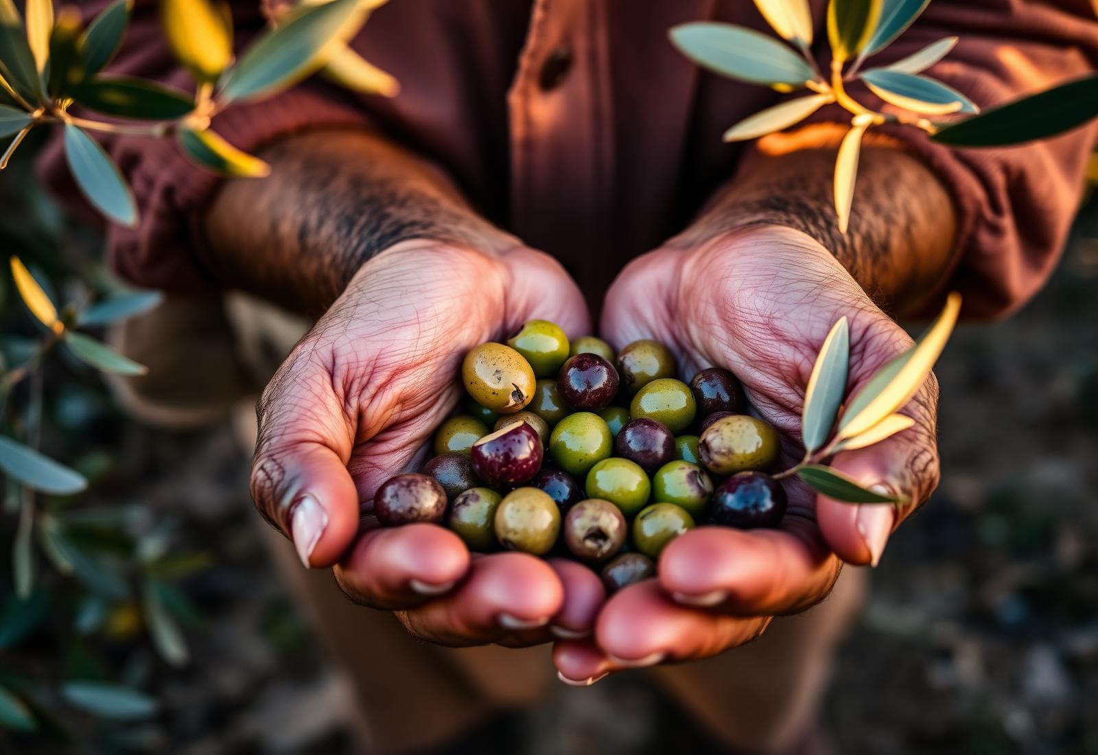 Farmer's hands cradling freshly hand-picked Moroccan olives