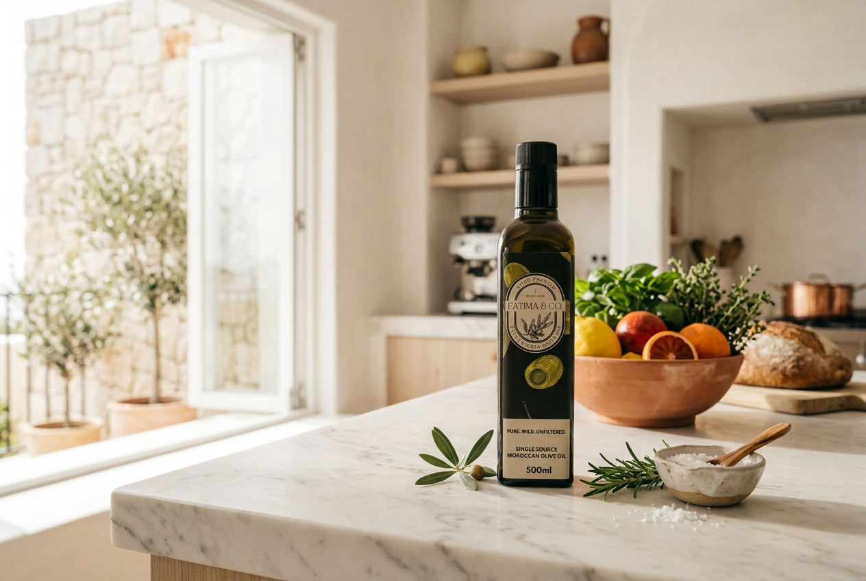 Fatima & Co olive oil bottle on a bright marble kitchen counter