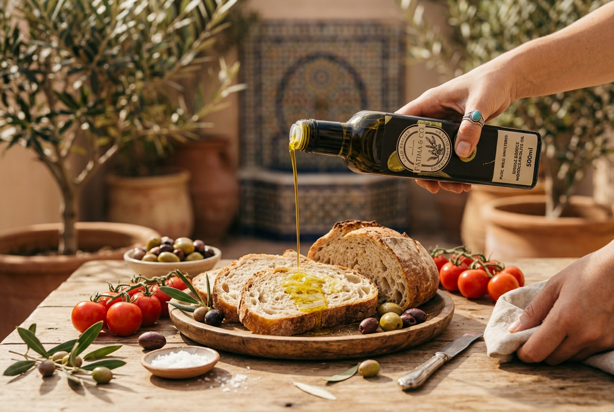 Fatima & Co olive oil poured over crusty bread with tomatoes and olives